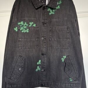 Black Denim Jacket with Green Leaf Accents